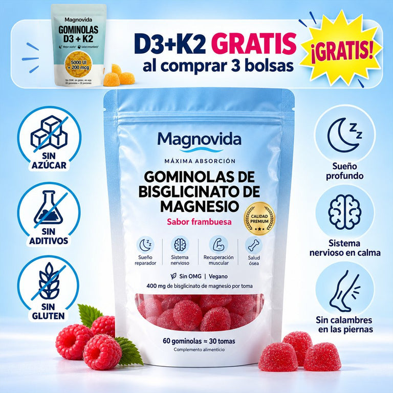 Bolsa de gominolas de bisglicinato de magnesio Magnovida; gominolas de D3 + K2 gratis al comprar 3 bolsas