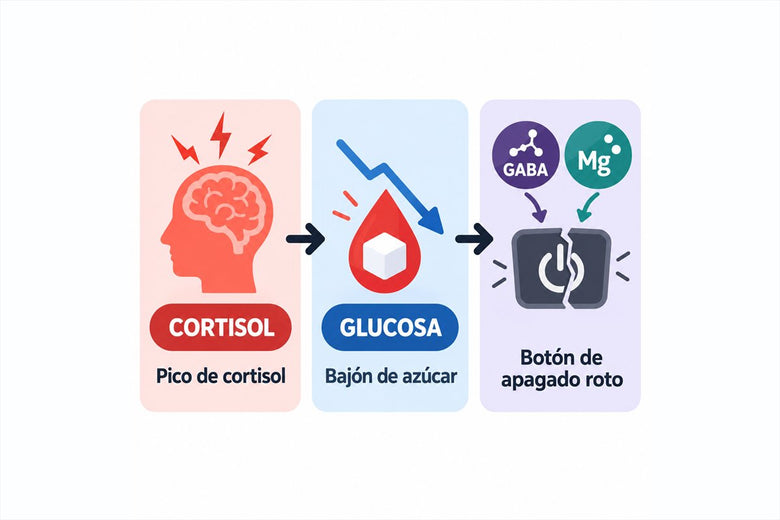 Infografía: pico de cortisol, bajón de azúcar y botón de apagado roto