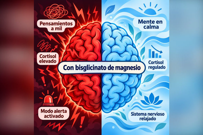 Infografía: cerebro en modo alerta frente a cerebro en calma con bisglicinato de magnesio