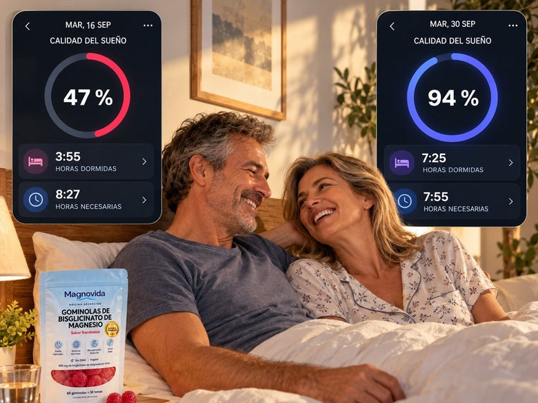 Pareja descansada en la cama con una bolsa de gominolas Magnovida y la app de calidad del sueño