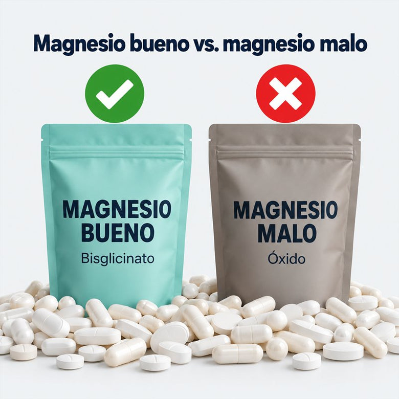 Infografía: magnesio bueno (bisglicinato) frente a magnesio malo (óxido)