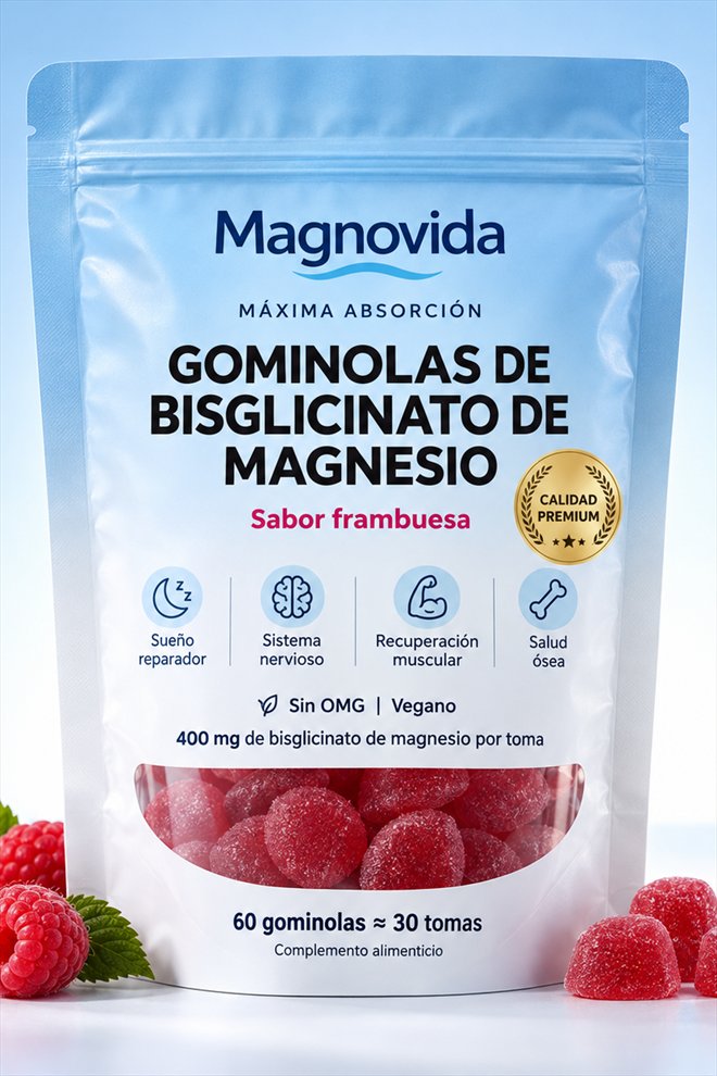 Bolsa de gominolas de bisglicinato de magnesio Magnovida, sabor frambuesa
