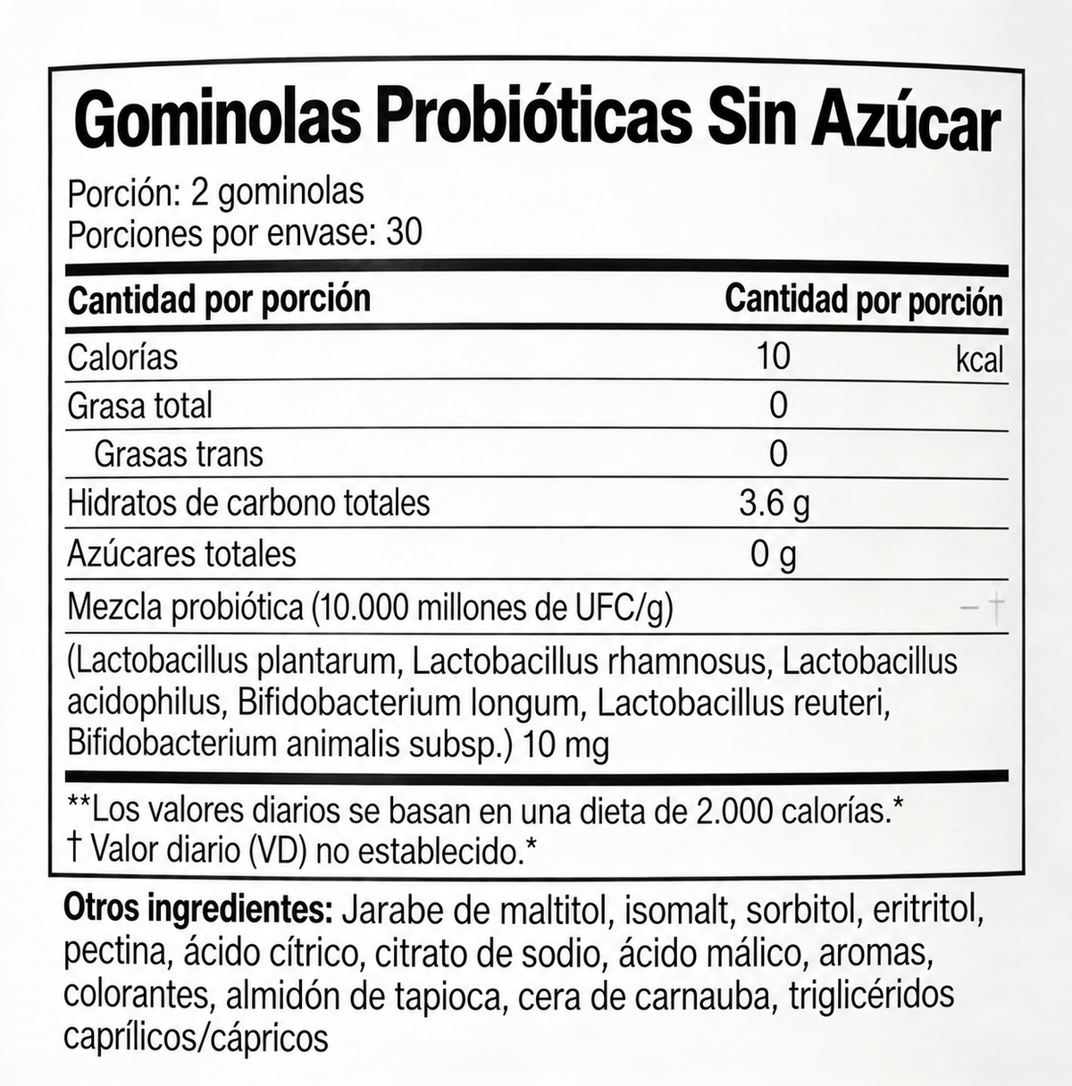 Información nutricional de las gominolas probióticas