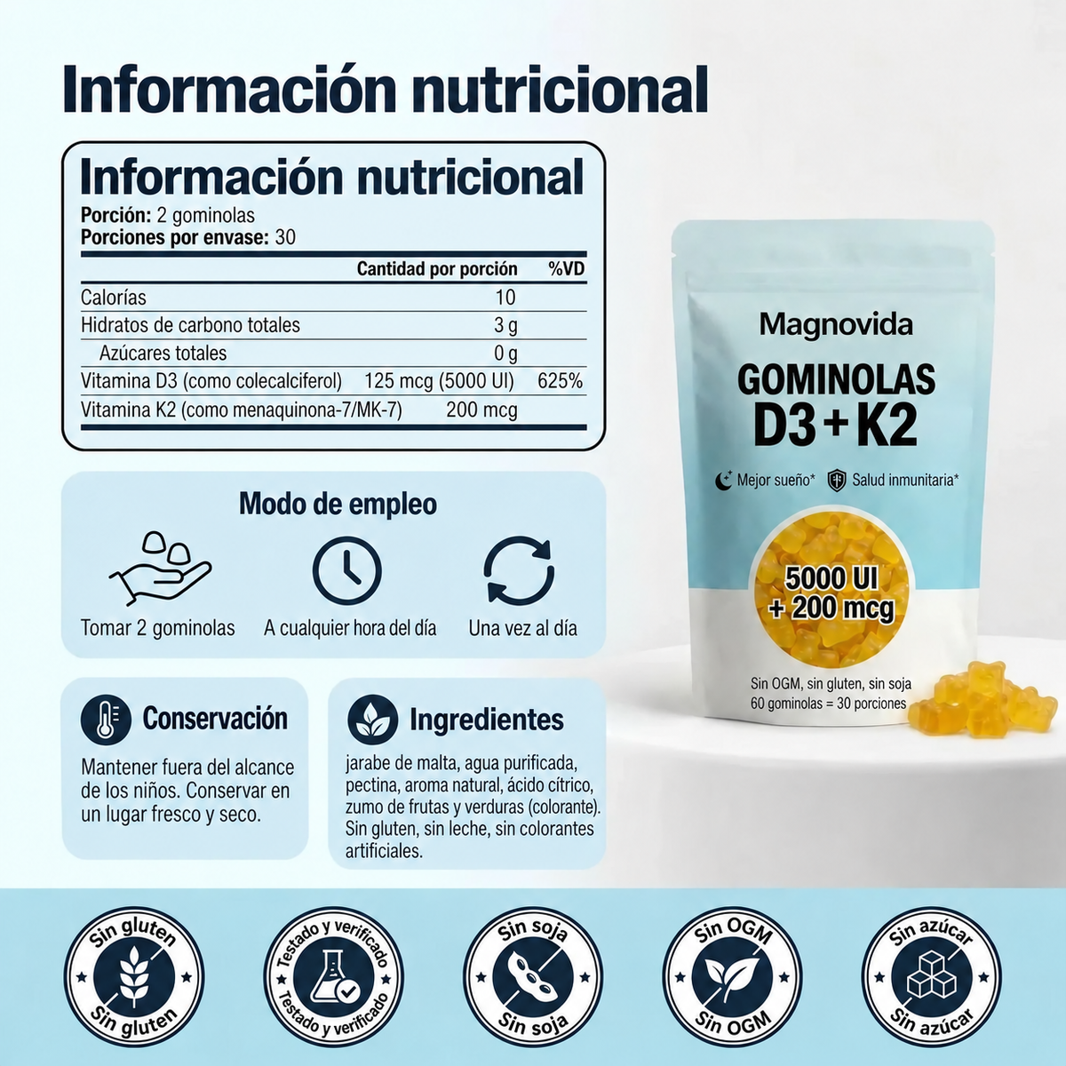 Información nutricional de las gominolas D3 + K2