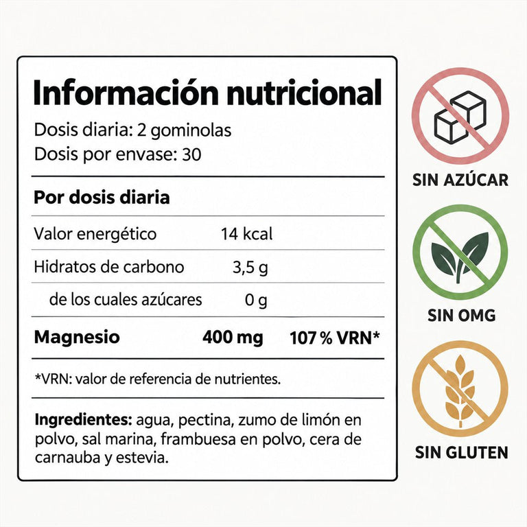 Información nutricional con iconos sin azúcar, sin OMG y sin gluten