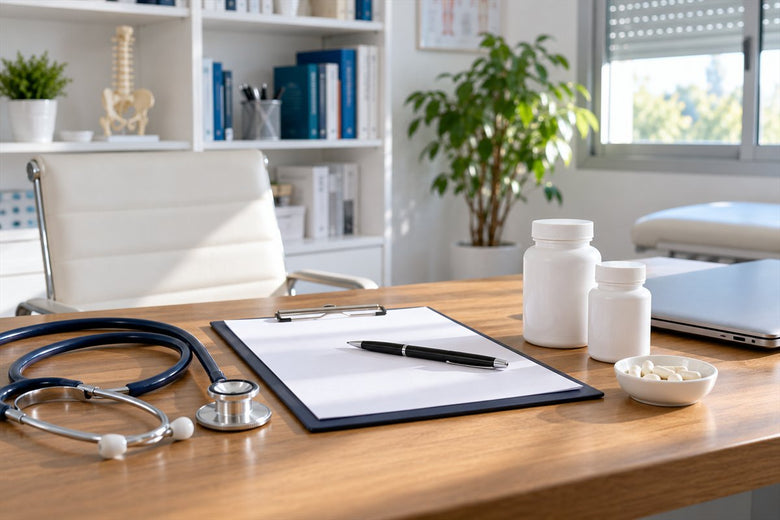 Escritorio de una consulta médica con fonendoscopio y botes de suplementos