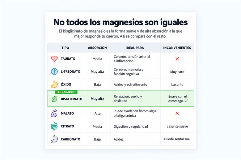 Tabla comparativa de las formas de magnesio: absorción, uso ideal e inconvenientes