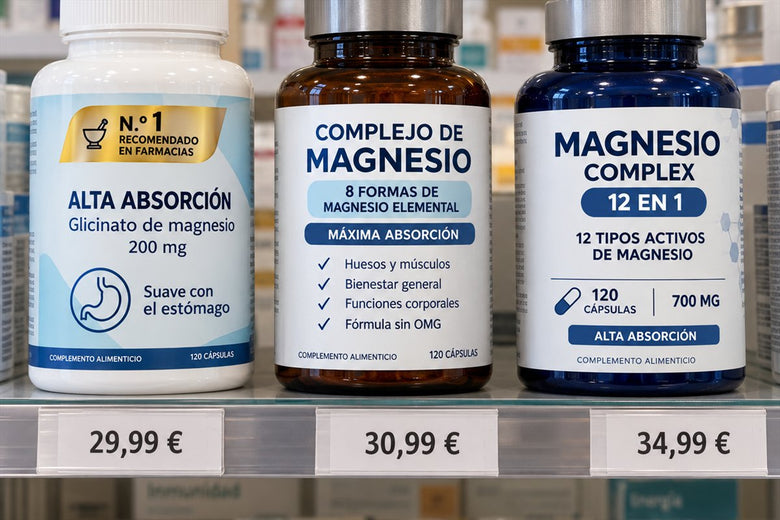 Estantería con etiquetas de marcas de magnesio