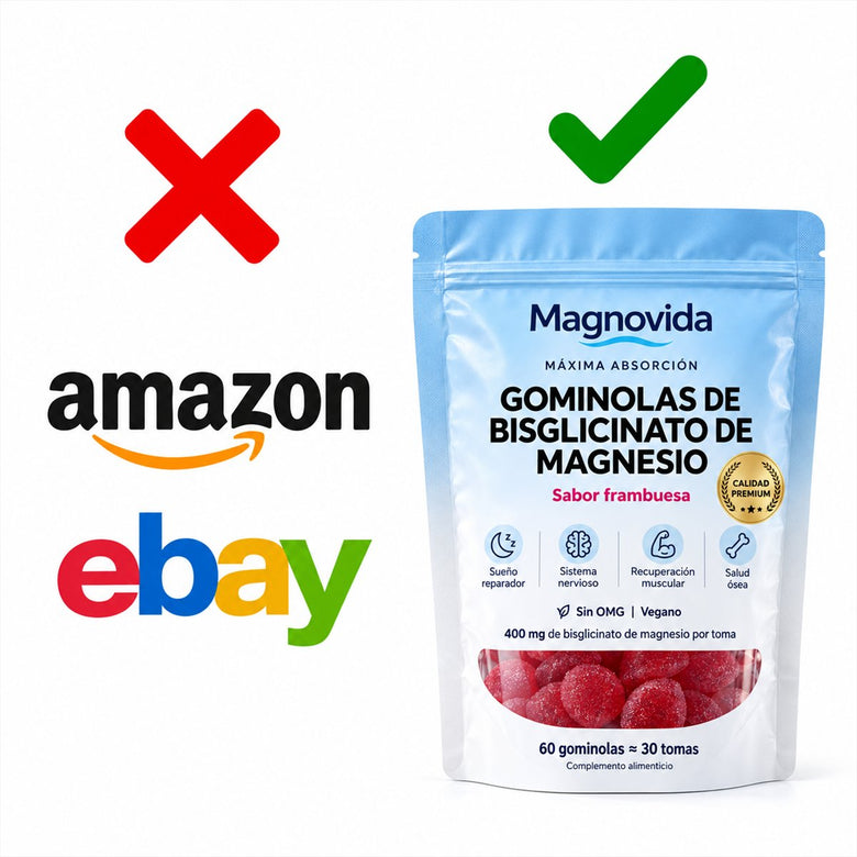 Logos de Amazon y eBay tachados junto a la bolsa de gominolas Magnovida