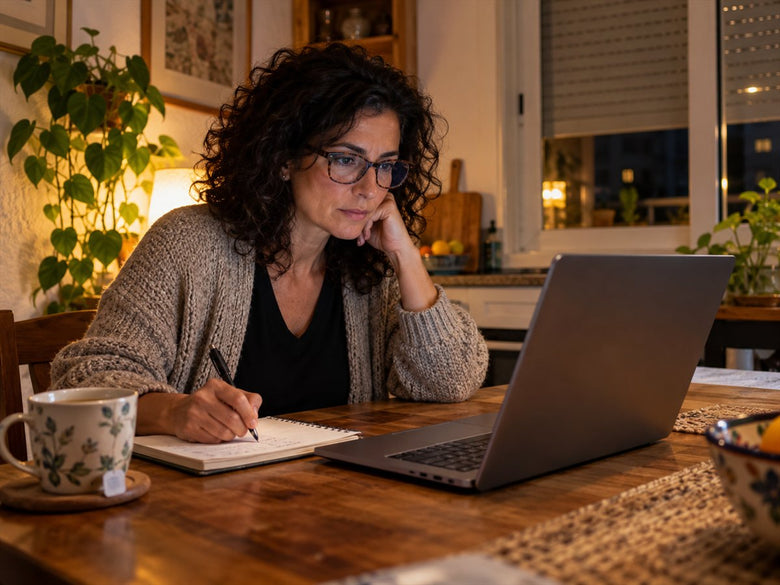 Mujer investigando en el portátil en su casa