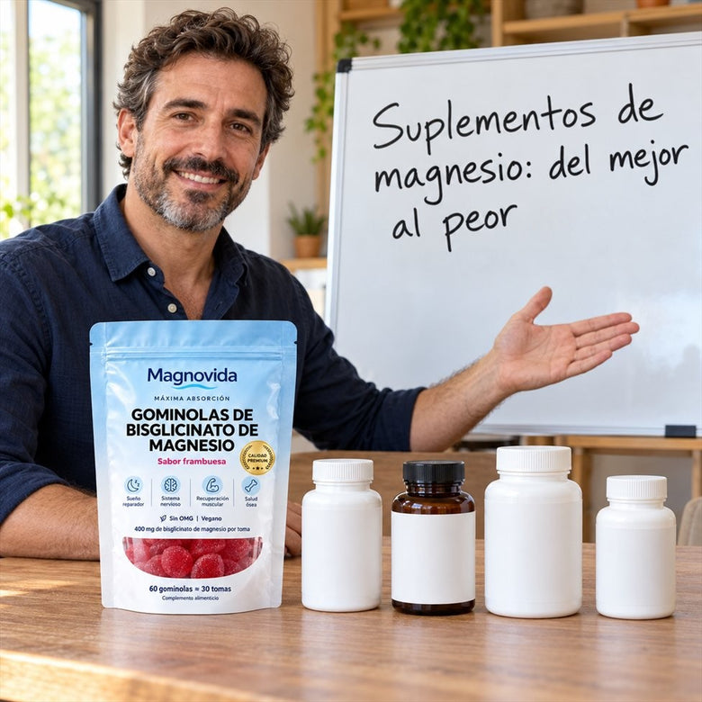 Hombre señalando una pizarra con el ranking de suplementos de magnesio, del mejor al peor