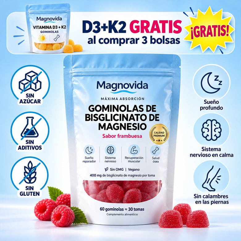 Envase de las gominolas de bisglicinato de magnesio Magnovida con gominolas y frambuesas sobre fondo blanco