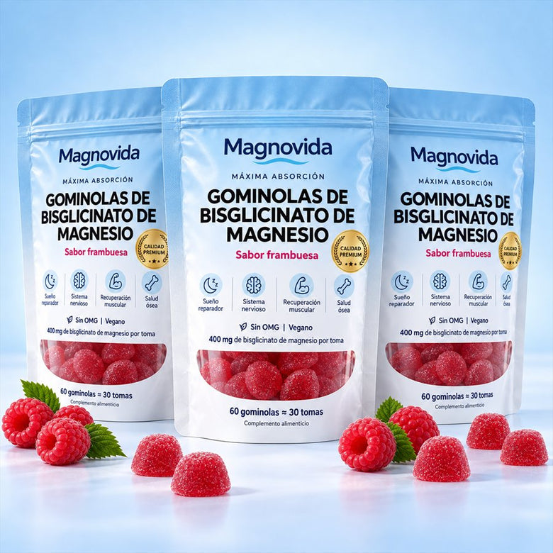 Tres bolsas de gominolas de bisglicinato de magnesio Magnovida